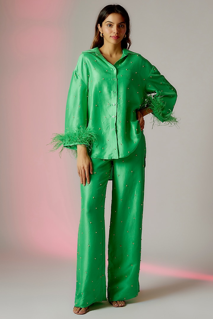 Green Dupion Silk Embroidered Co-Ord Set by Maison Blu