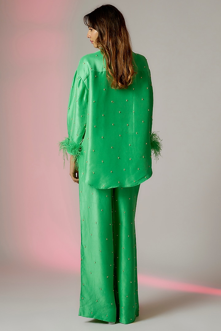 Green Dupion Silk Embroidered Co-Ord Set by Maison Blu at Pernia's Pop Up Shop