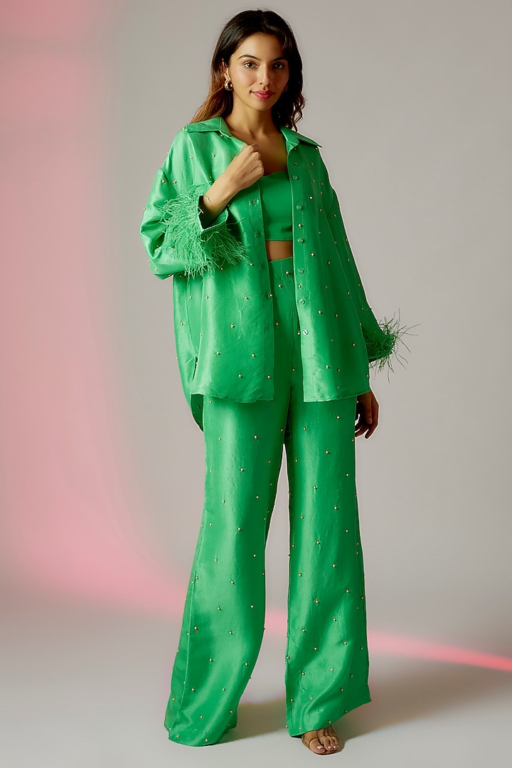 Green Dupion Silk Embroidered Co-Ord Set by Maison Blu at Pernia's Pop Up Shop