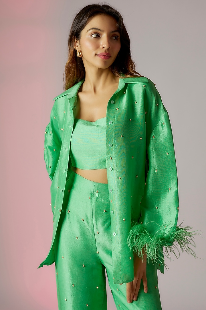 Green Dupion Silk Embroidered Co-Ord Set by Maison Blu at Pernia's Pop Up Shop