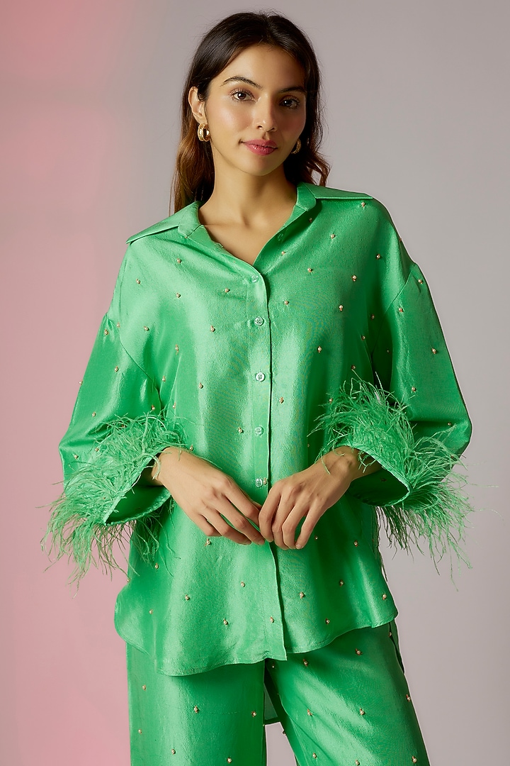 Green Dupion Silk Embroidered Co-Ord Set by Maison Blu at Pernia's Pop Up Shop