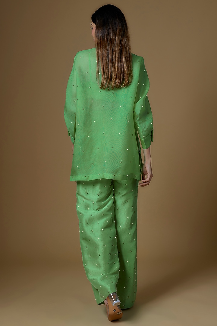 Green Organza Pearl Embroidered Kurta Set by Maison Blu at Pernia's Pop Up Shop