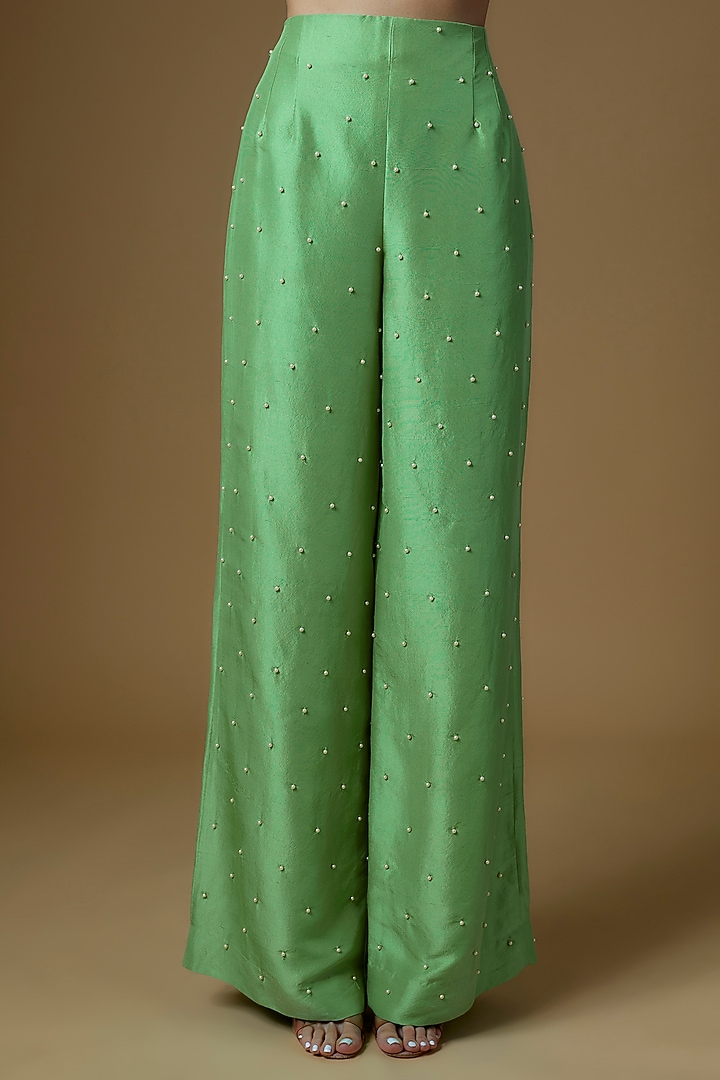 Green Organza Pearl Embroidered Kurta Set by Maison Blu at Pernia's Pop Up Shop