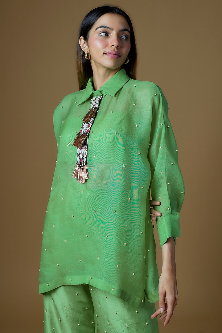 Green Organza Pearl Embroidered Kurta Set by Maison Blu at Pernia's Pop Up Shop