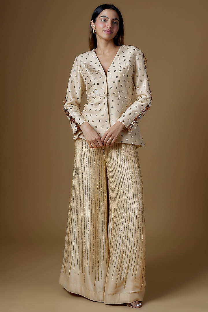Ivory Dupion Silk Tikki Embroidered Blazer Set by Maison Blu at Pernia's Pop Up Shop