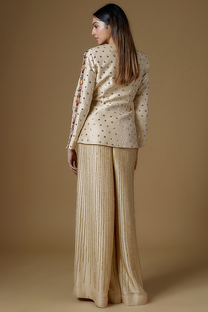Ivory Dupion Silk Tikki Embroidered Blazer Set by Maison Blu at Pernia's Pop Up Shop