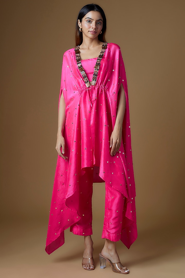 Pink Dupion Silk Sequins Embroidered Cape Set by Maison Blu at Pernia's Pop Up Shop