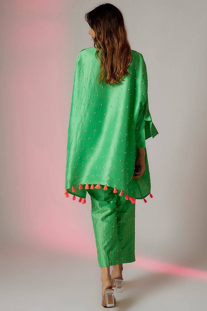 Green Dupion & Spun Silk Embroidered Kurta Set by Maison Blu at Pernia's Pop Up Shop