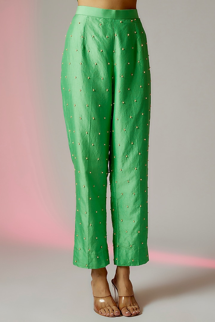Green Dupion & Spun Silk Embroidered Kurta Set by Maison Blu at Pernia's Pop Up Shop