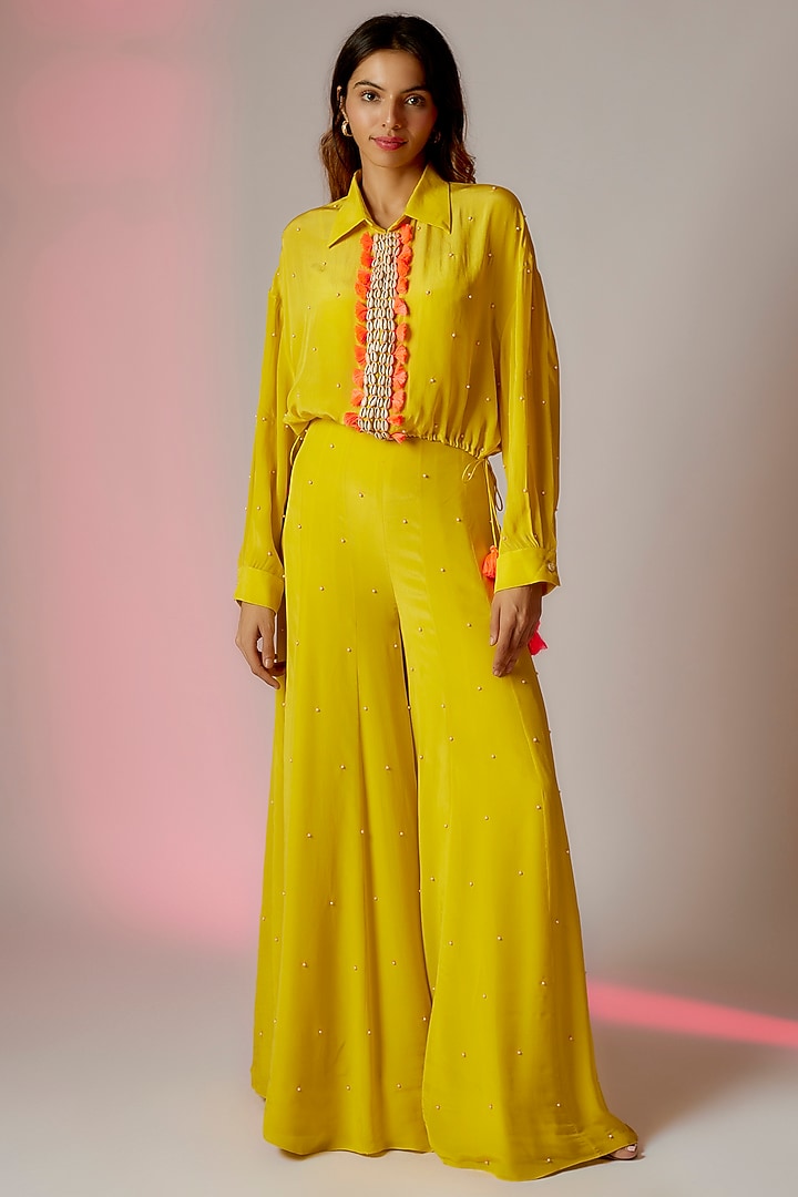 Yellow Crepe Wedding Sharara Set by Maison Blu at Pernia's Pop Up Shop