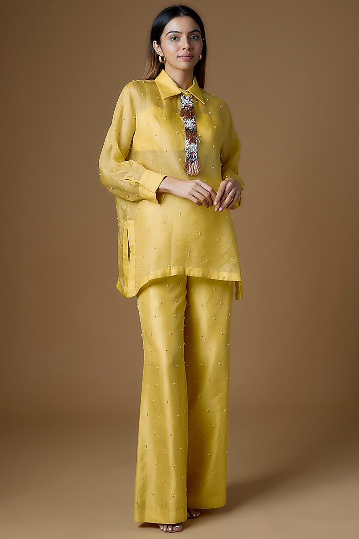 Yellow Organza Pearl Embroidered Kurta Set by Maison Blu