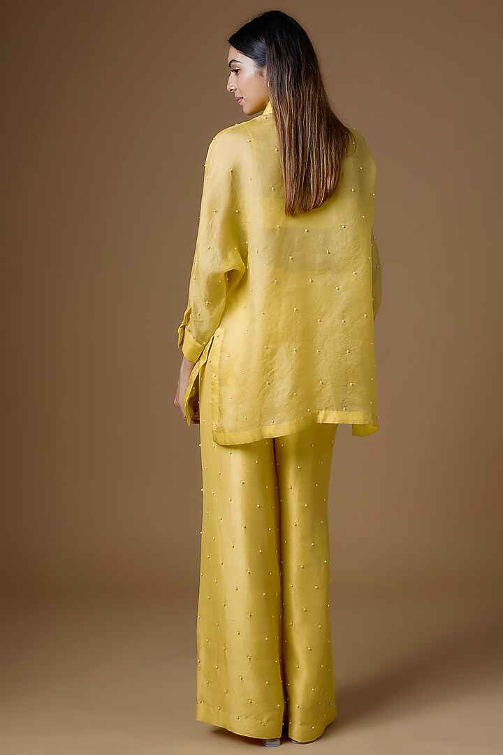 Yellow Organza Pearl Embroidered Kurta Set by Maison Blu at Pernia's Pop Up Shop