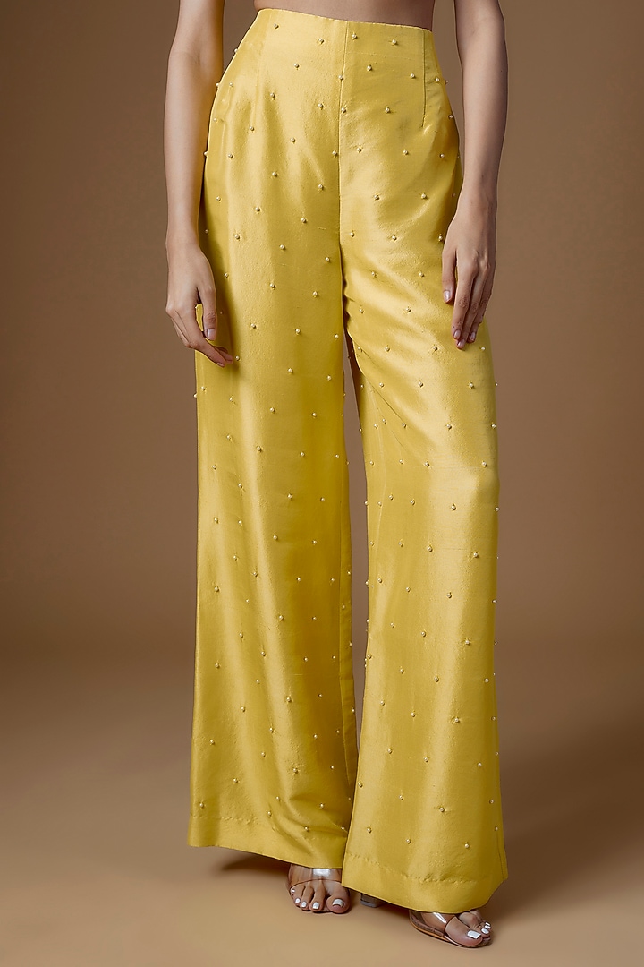 Yellow Organza Pearl Embroidered Kurta Set by Maison Blu at Pernia's Pop Up Shop