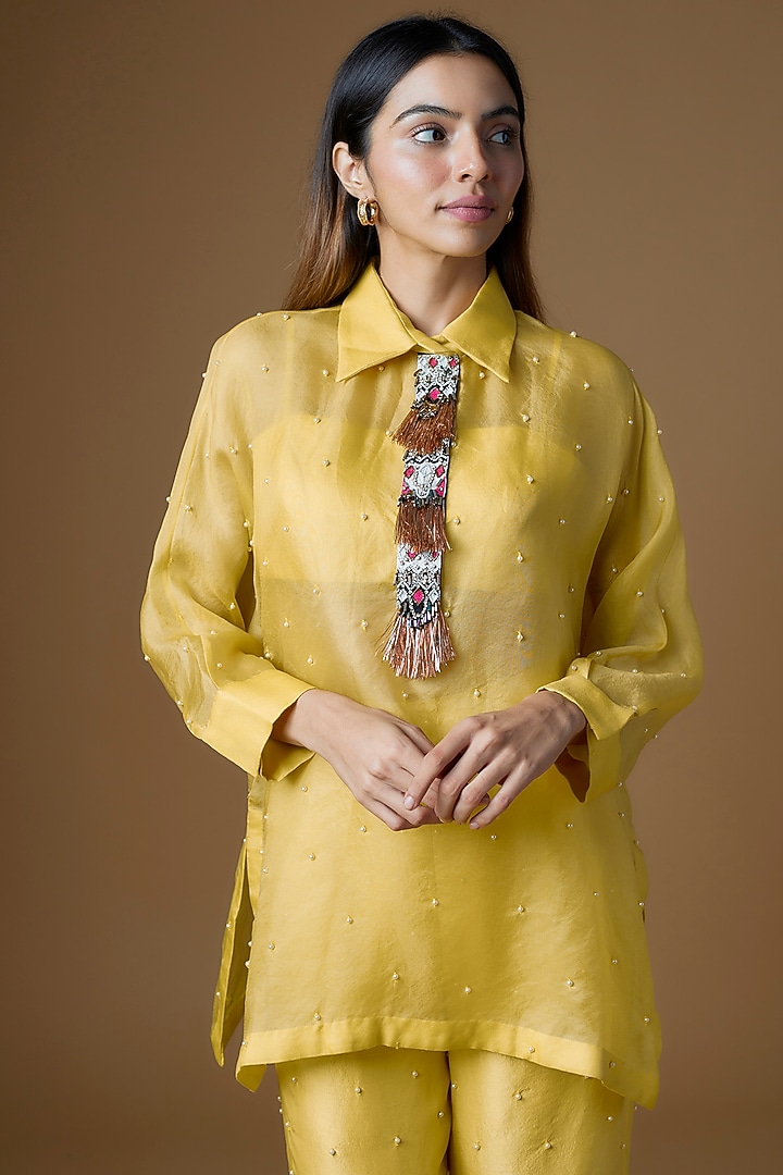 Yellow Organza Pearl Embroidered Kurta Set by Maison Blu at Pernia's Pop Up Shop
