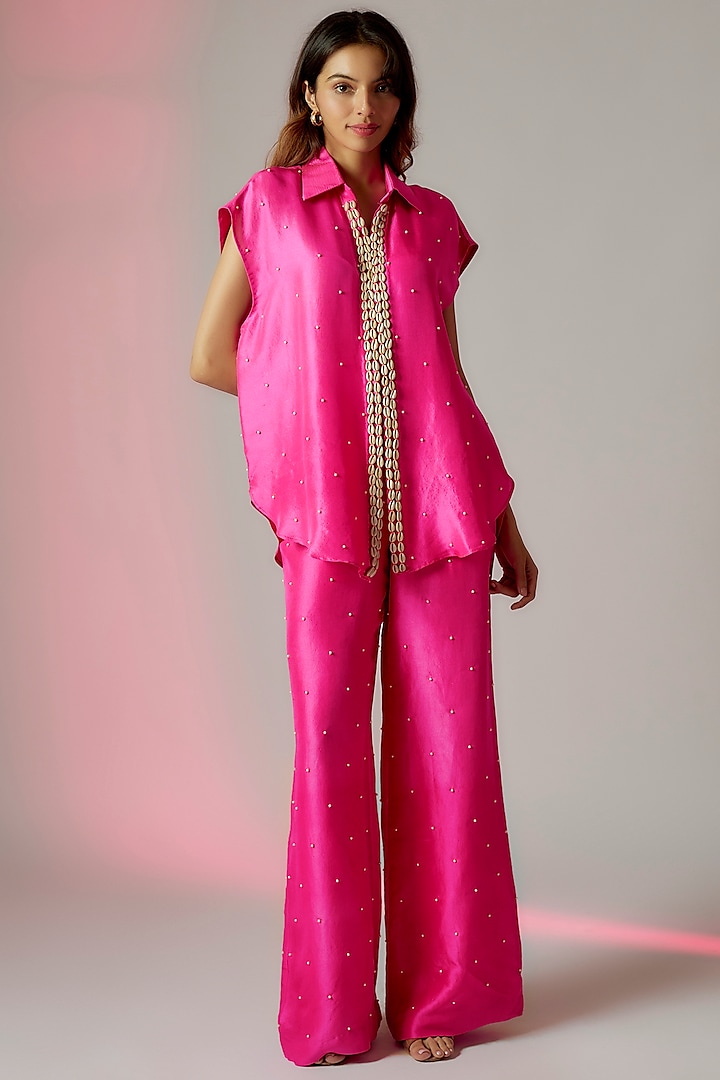 Hot Pink Dupion Silk Embroidered Co-Ord Set by Maison Blu