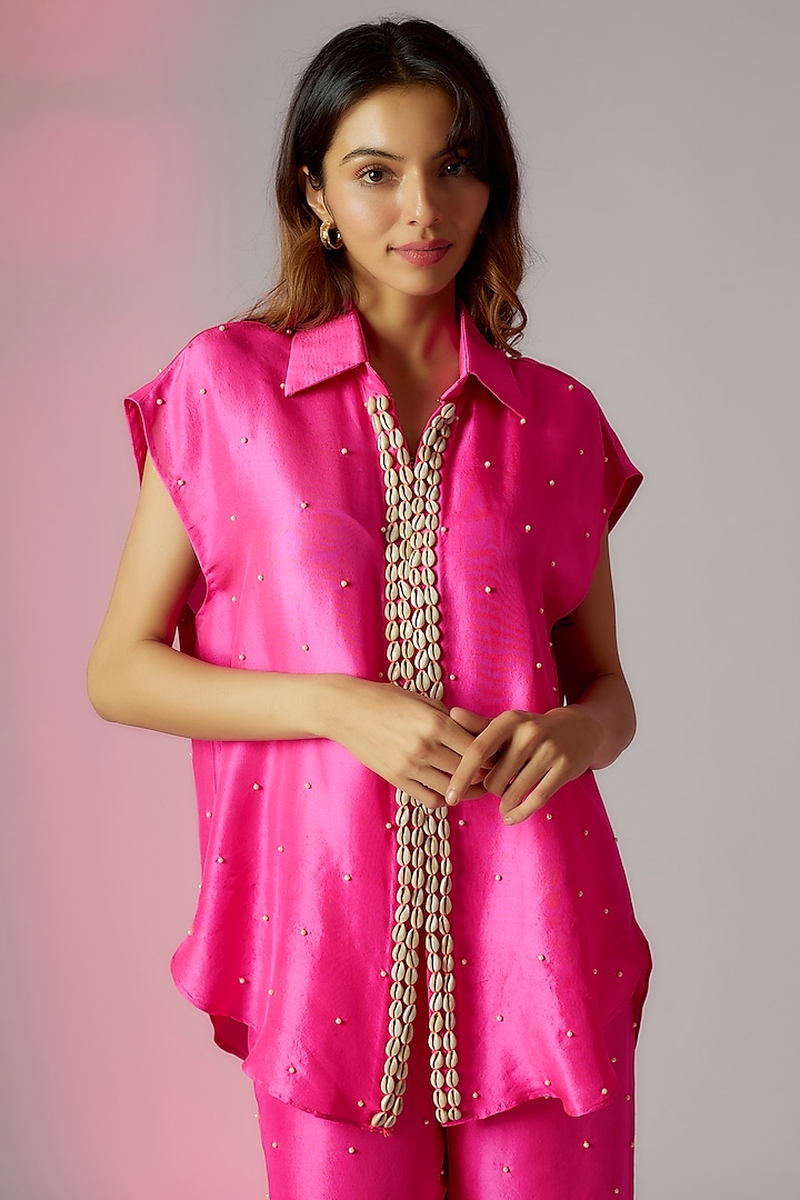 Hot Pink Dupion Silk Embroidered Co-Ord Set by Maison Blu at Pernia's Pop Up Shop