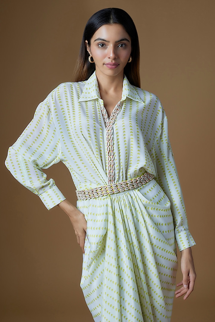 White & Neon Crepe Draped Vacation Dress by Maison Blu at Pernia's Pop Up Shop