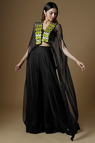 Black Organza Embroidered Cape Set by Maison Blu