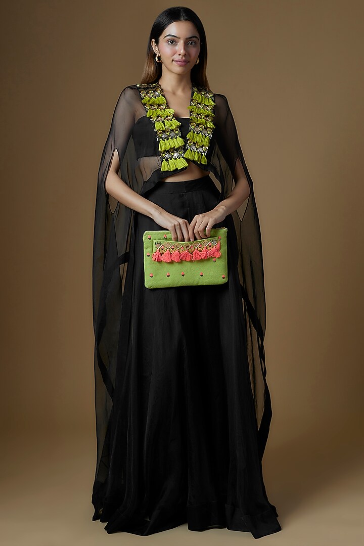 Black Organza Embroidered Cape Set by Maison Blu at Pernia's Pop Up Shop