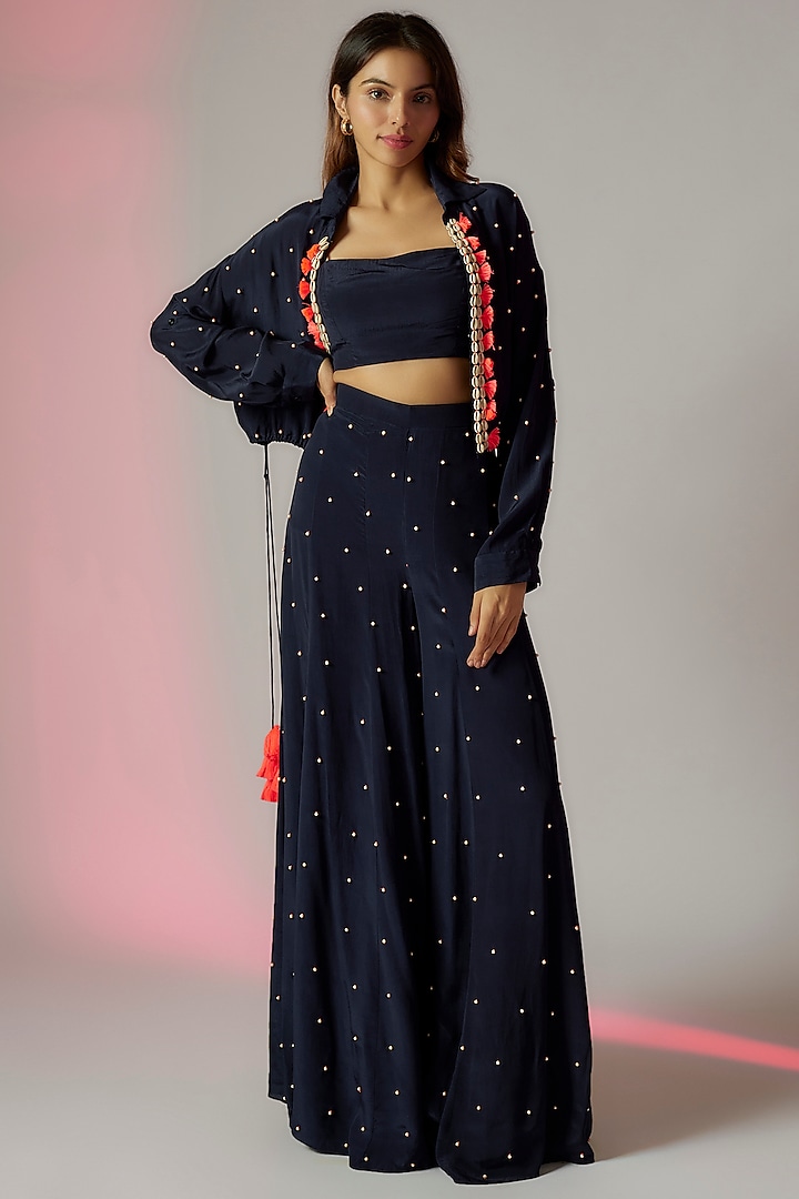Midnight Blue Crepe Embroidered Sharara Set by Maison Blu