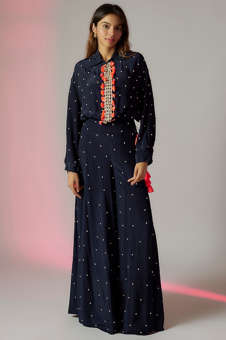 Midnight Blue Crepe Embroidered Wedding Sharara Set by Maison Blu at Pernia's Pop Up Shop