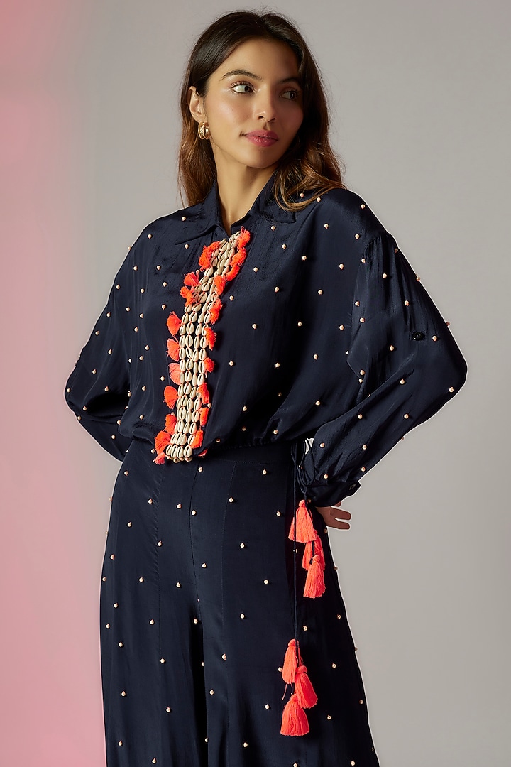 Midnight Blue Crepe Embroidered Wedding Sharara Set by Maison Blu at Pernia's Pop Up Shop