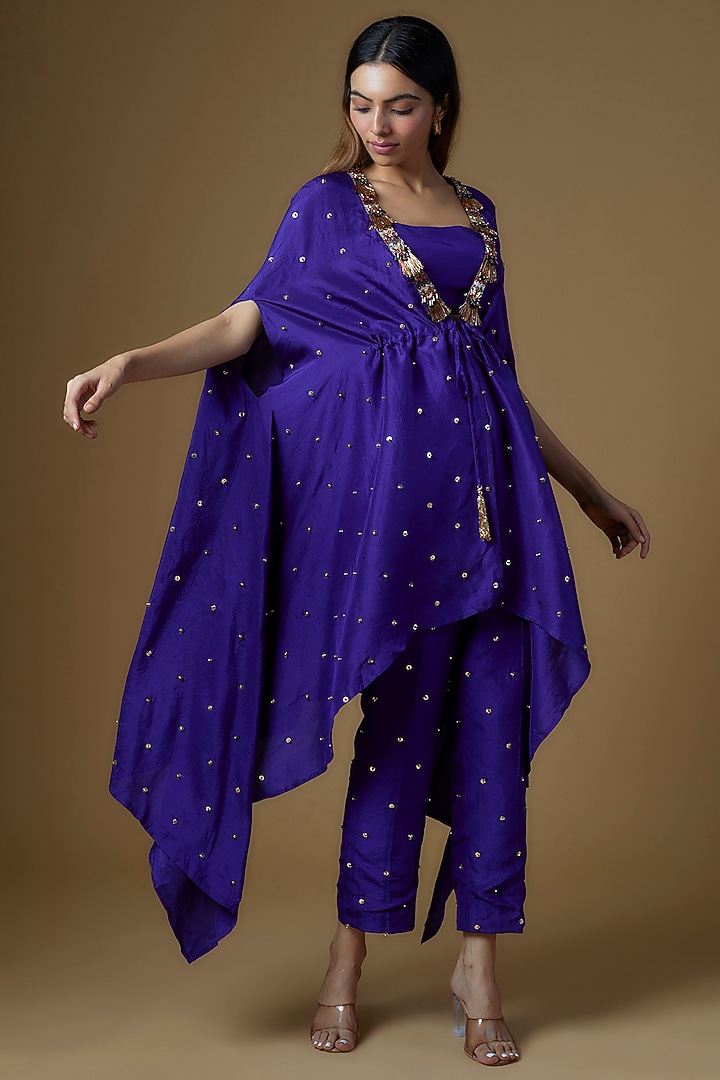 Electric Blue Dupion Silk Sequins Embroidered Cape Set by Maison Blu at Pernia's Pop Up Shop