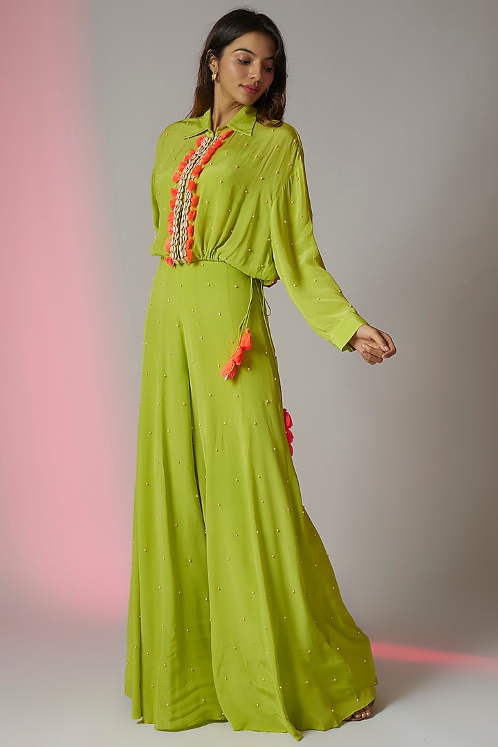 Neon Green Crepe Embroidered Wedding Sharara Set by Maison Blu at Pernia's Pop Up Shop
