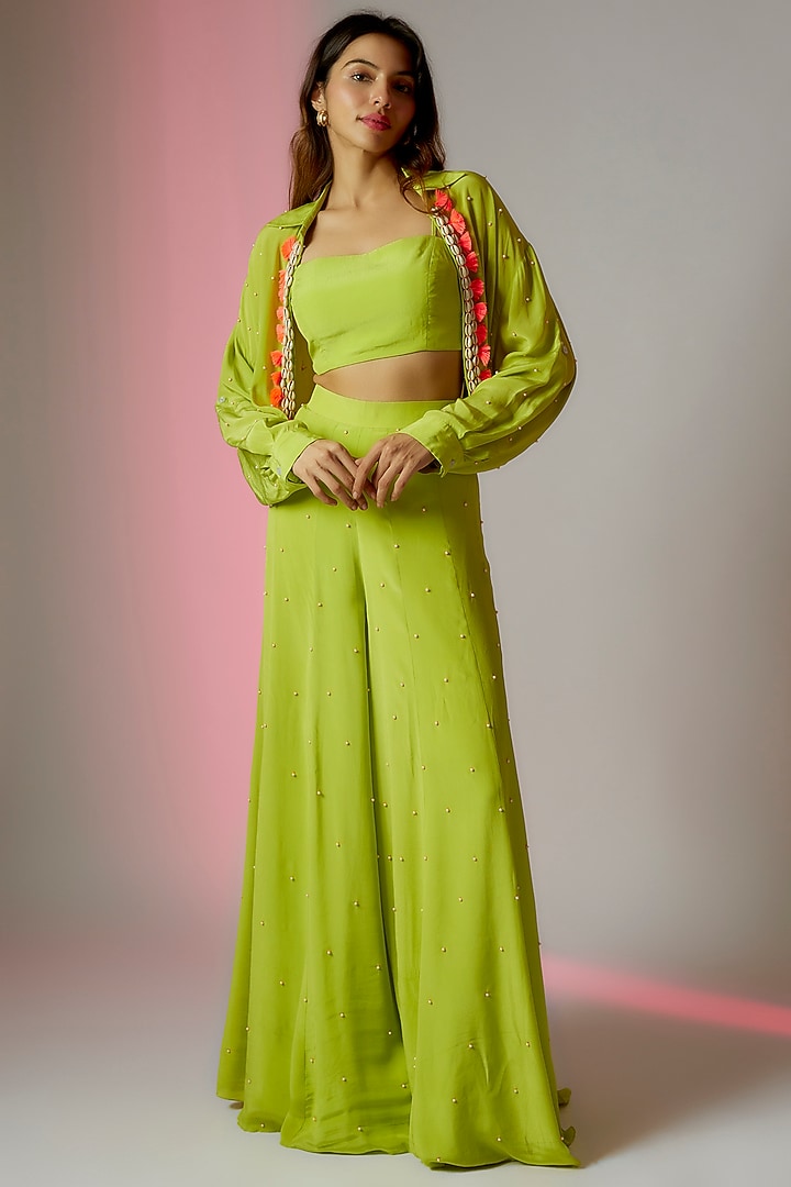 Neon Green Crepe Embroidered Wedding Sharara Set by Maison Blu at Pernia's Pop Up Shop
