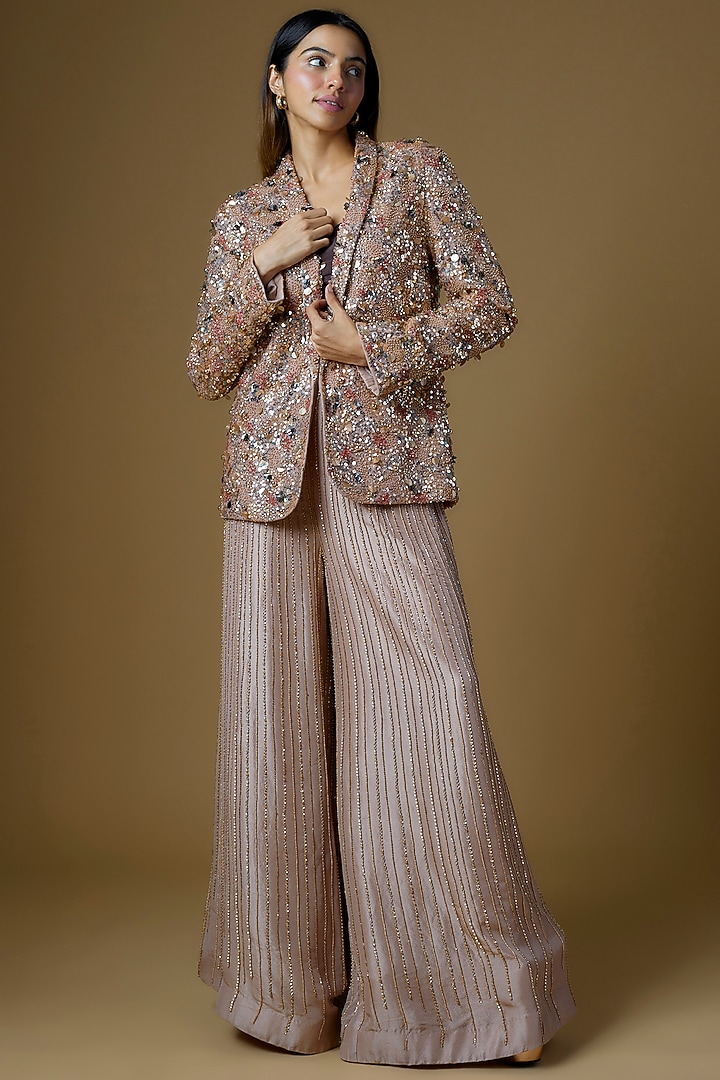 Nude Net Sequins Embroidered Blazer Set by Maison Blu at Pernia's Pop Up Shop
