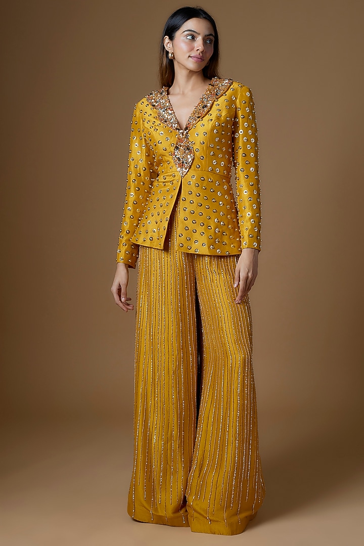 Mustard Yellow Dupion SIlk Embroidered Blazer Set by Maison Blu at Pernia's Pop Up Shop