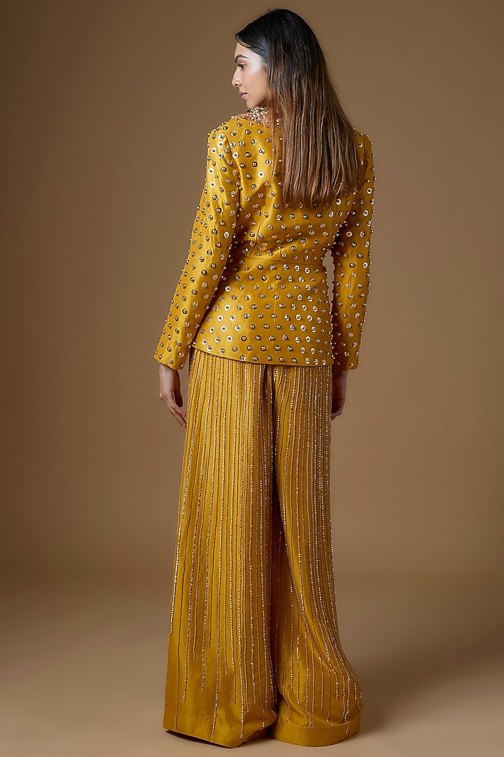 Mustard Yellow Dupion SIlk Embroidered Blazer Set by Maison Blu at Pernia's Pop Up Shop