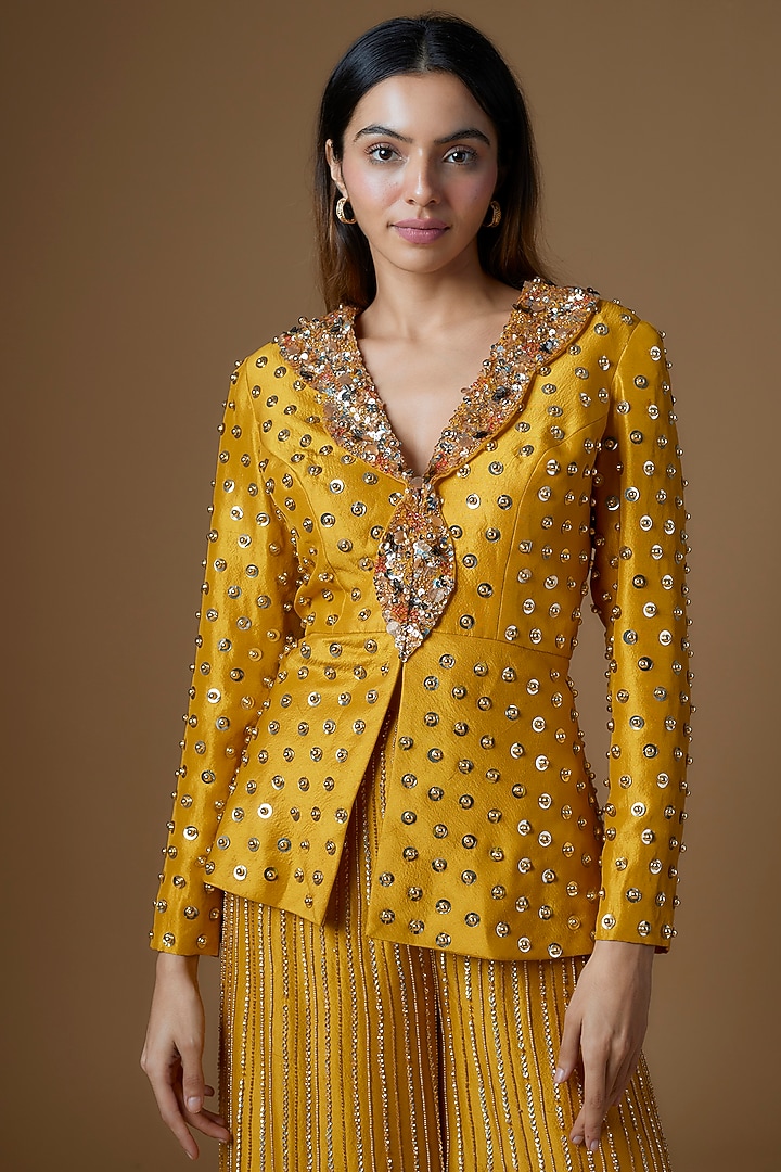 Mustard Yellow Dupion SIlk Embroidered Blazer Set by Maison Blu at Pernia's Pop Up Shop
