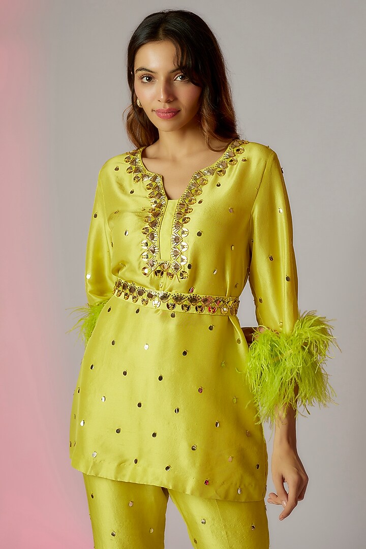 Lime Green Dupion Silk Embroidered Kurta Set by Maison Blu at Pernia's Pop Up Shop