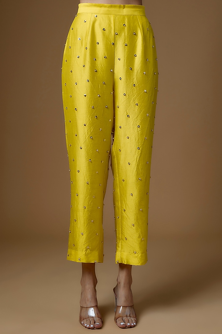 Yellow Silk & Dupion Silk Sequins Embroidered Kurta Set by Maison Blu at Pernia's Pop Up Shop