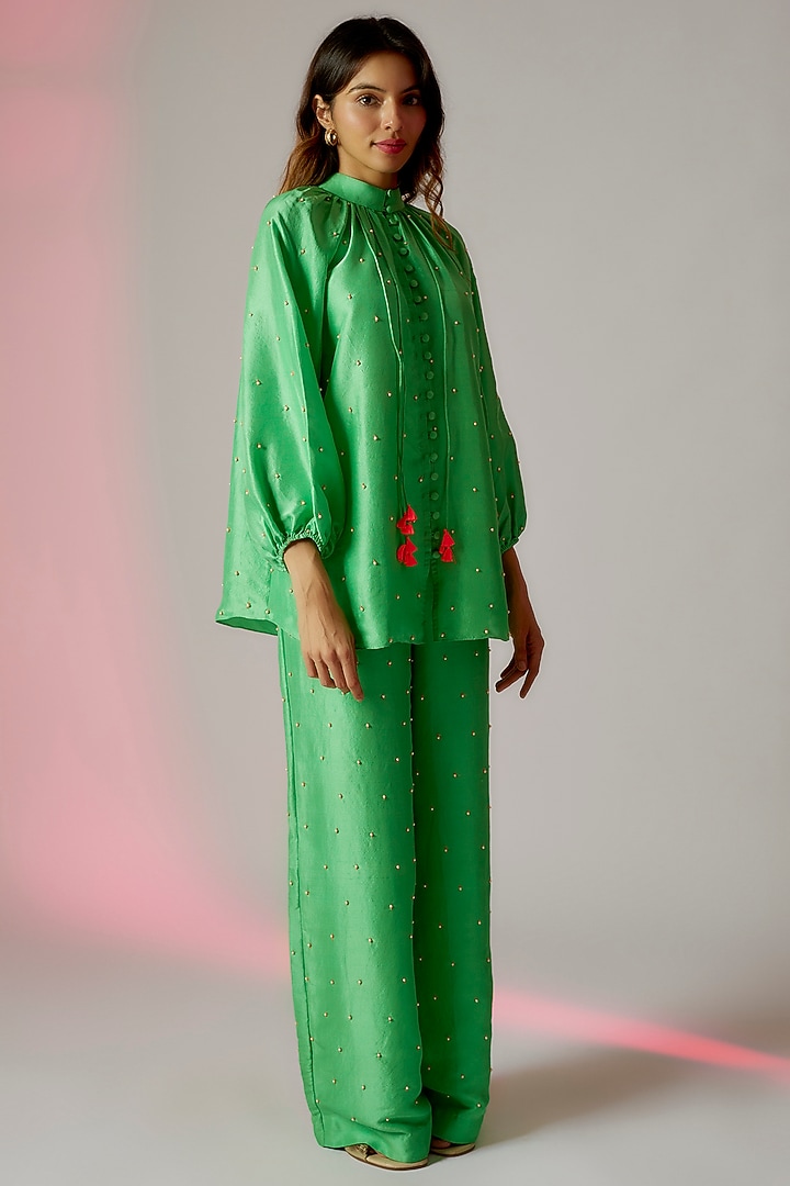 Green Dupion Silk Embroidered Co-Ord Set by Maison Blu at Pernia's Pop Up Shop