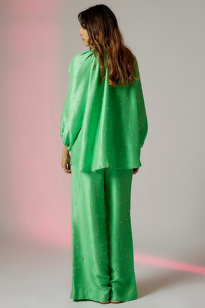 Green Dupion Silk Embroidered Co-Ord Set by Maison Blu at Pernia's Pop Up Shop