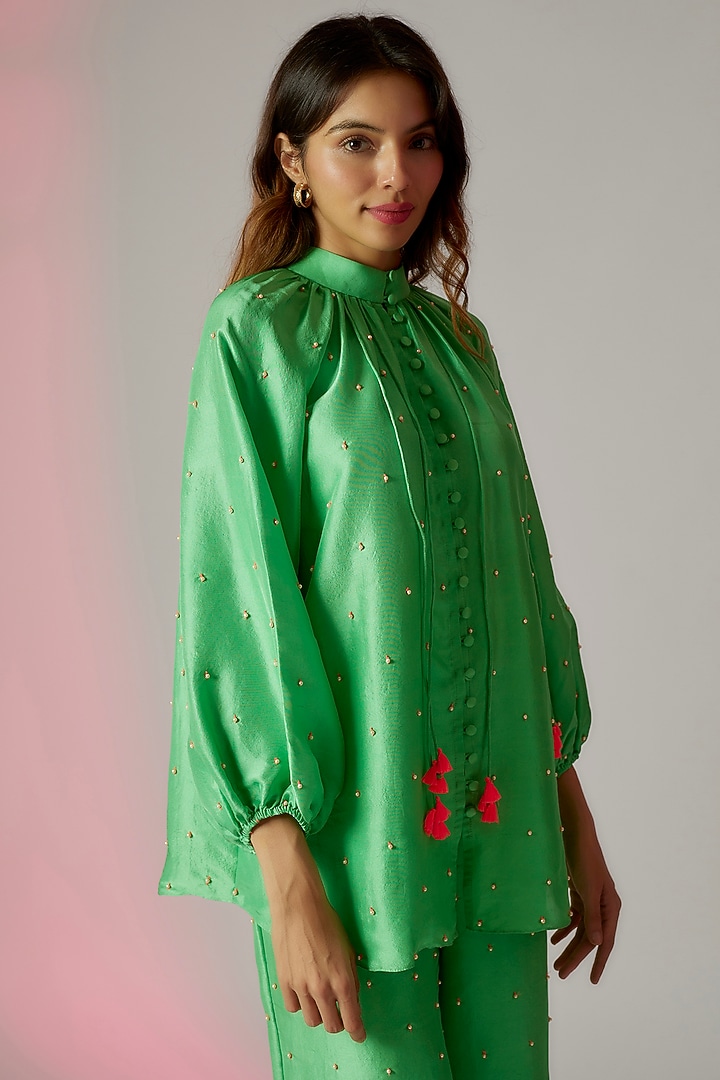 Green Dupion Silk Embroidered Co-Ord Set by Maison Blu at Pernia's Pop Up Shop