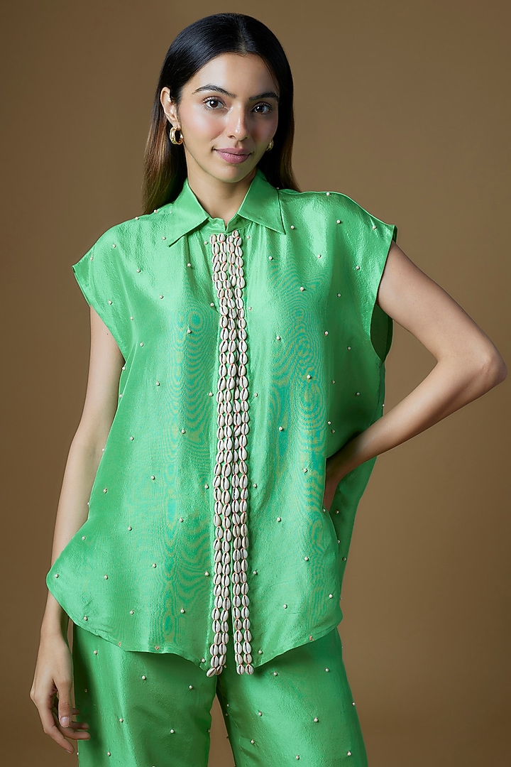 Green Dupion Silk Co-Ord Set by Maison Blu at Pernia's Pop Up Shop