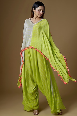 White & Neon Green Crepe Cape Set by Maison Blu