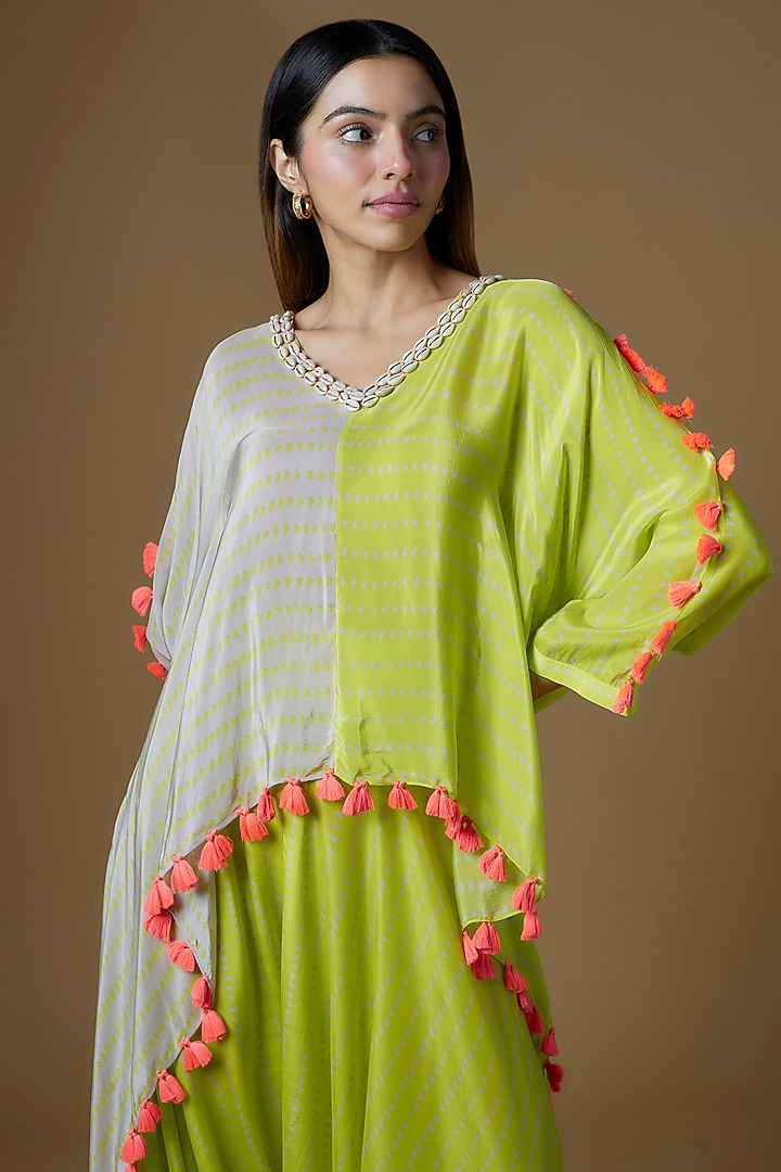 White & Neon Green Crepe Cape Set by Maison Blu at Pernia's Pop Up Shop