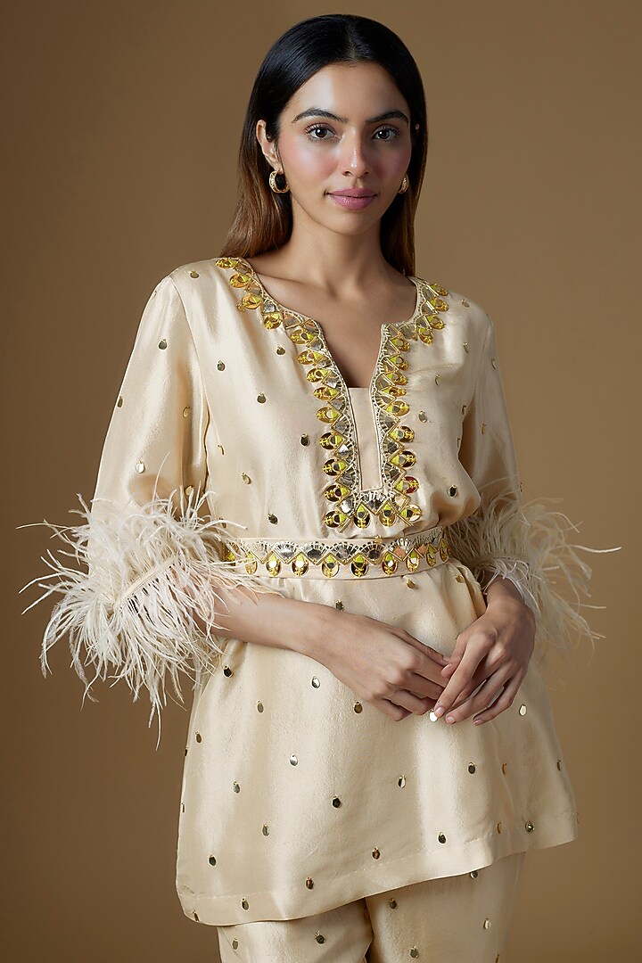 Ivory Dupion Silk Embroidered Kurta Set by Maison Blu at Pernia's Pop Up Shop