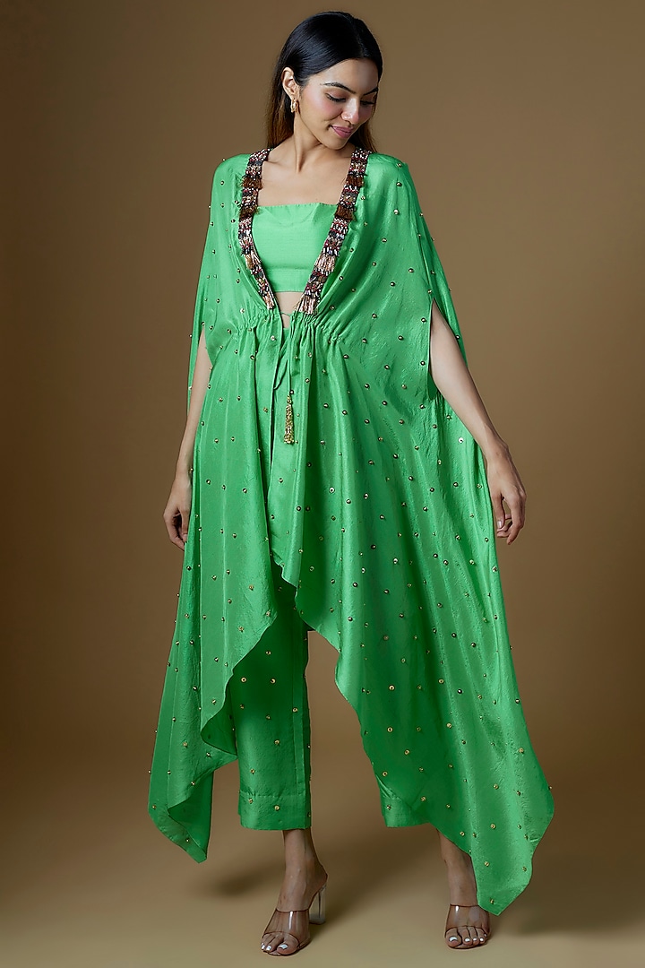 Green Dupion Silk Sequins Embroidered Cape Set by Maison Blu
