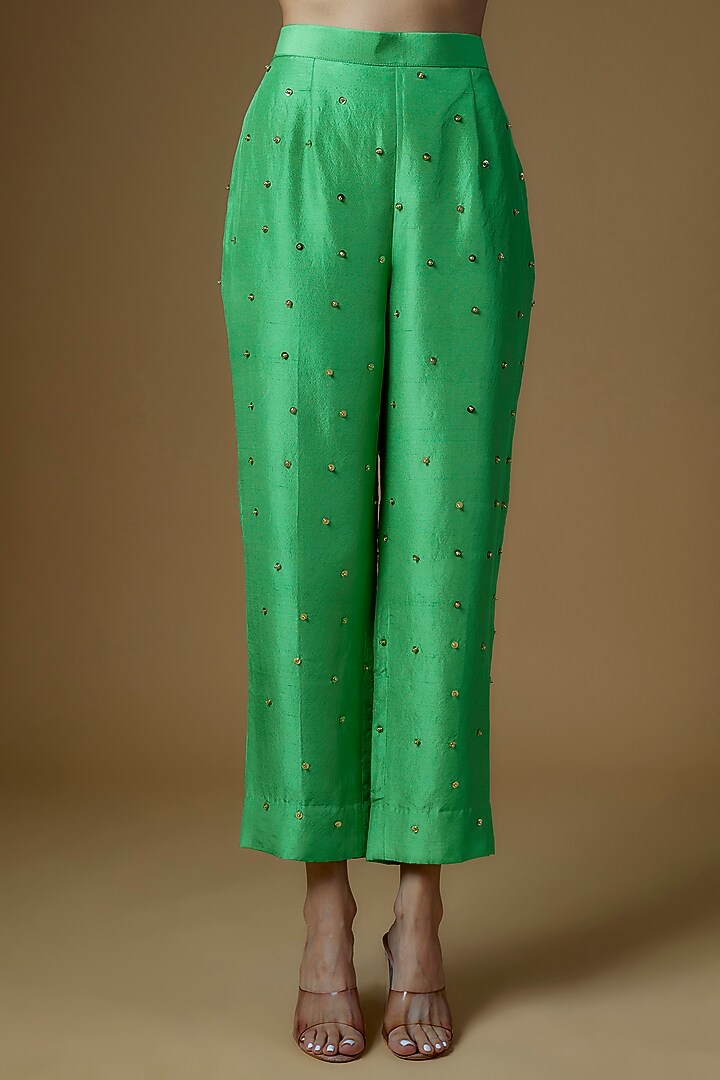 Green Dupion Silk Sequins Embroidered Cape Set by Maison Blu at Pernia's Pop Up Shop