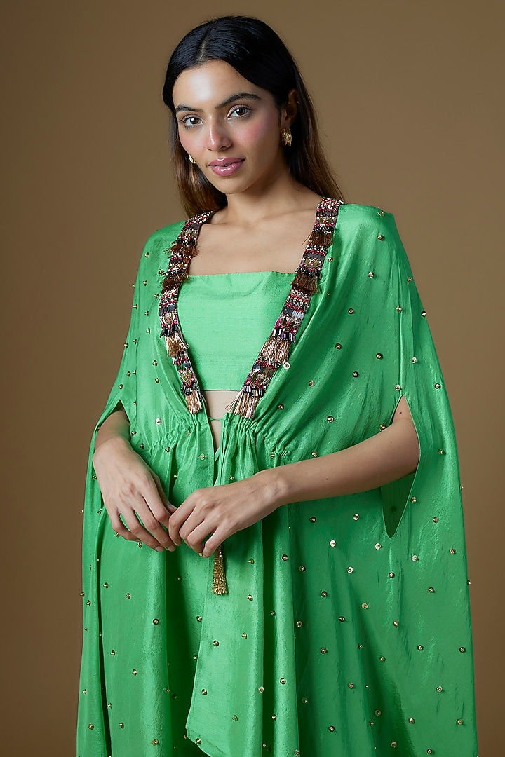 Green Dupion Silk Sequins Embroidered Cape Set by Maison Blu at Pernia's Pop Up Shop