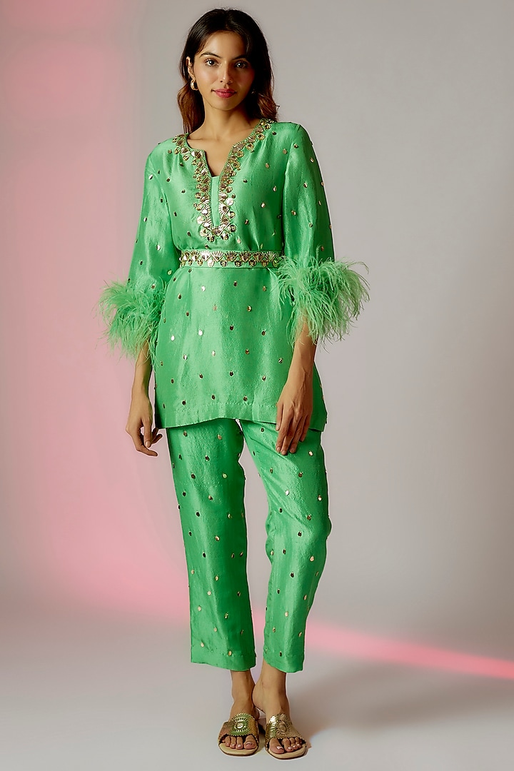 Green Dupion Silk Embroidered Kurta Set by Maison Blu