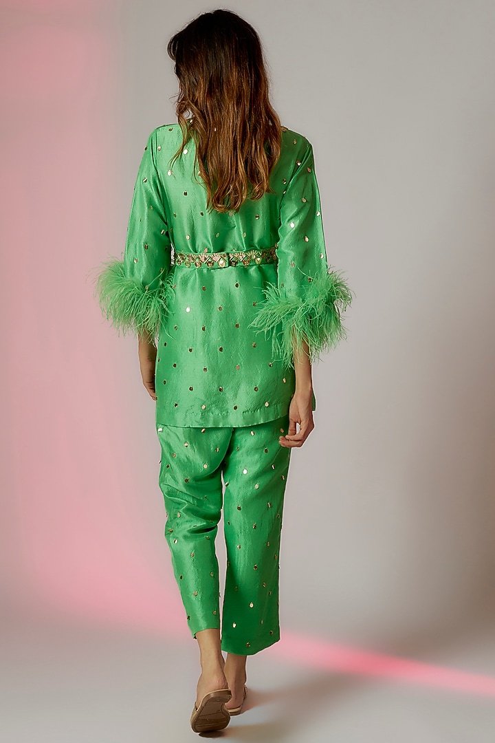 Green Dupion Silk Embroidered Kurta Set by Maison Blu at Pernia's Pop Up Shop