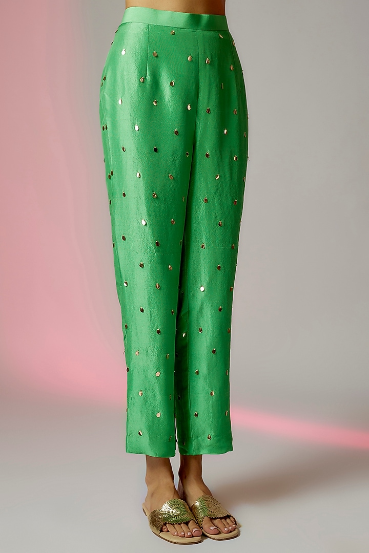 Green Dupion Silk Embroidered Kurta Set by Maison Blu at Pernia's Pop Up Shop