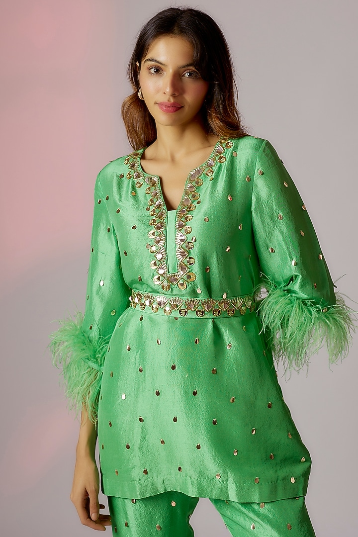 Green Dupion Silk Embroidered Kurta Set by Maison Blu at Pernia's Pop Up Shop