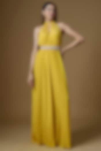 Yellow Crepe Embroidered Jumpsuit With Belt by Maison Blu